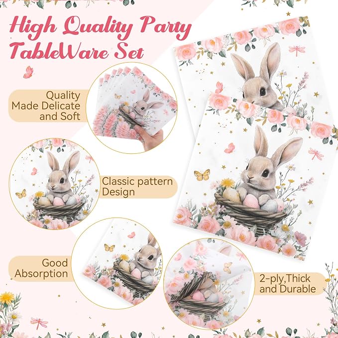 400 Pcs Bunny Birthday Party Decorations for 50 Guests, Pink Floral Bunny Paper Plates and Napkins Cups Cutlery Rabbit Disposable Tableware Set for Spring Baby Shower Birthday Supplies