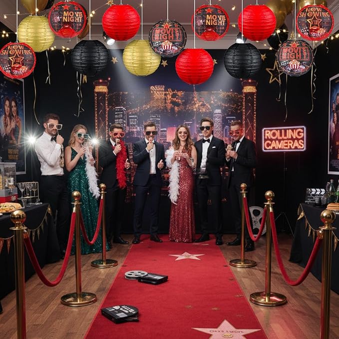 Panelee 12 Pcs Movie Night Party Decorations Theme Hanging Paper Lanterns with Popcorn Trophy Microphone Film Reel Lanterns Decorative for Movie Night Theater Home Carnival Birthday Party