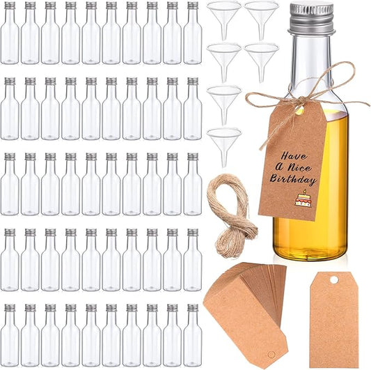 Yinder 100 Pcs Mini Liquor Bottles Set,50ml (1.7oz) Plastic Empty Spirit Bottles for Party,Alcohol Shot Containers with Caps, 6 Liquid Funnels and Kraft Tags with 65 ft Ropes(Silver Cap)