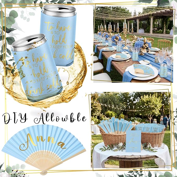 Hoteam 25 Sets Wedding Party Favors for Guests Bulk Including Can Cooler and Paper Folding Fans with Wedding Decor Table Sign Cheers to Love for Bridal Shower Party Souvenir(Classical,Blue)