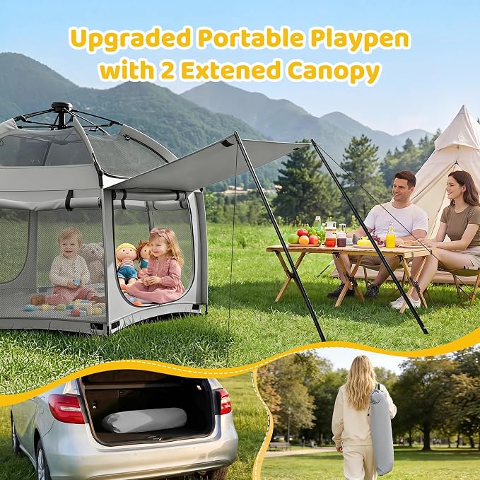 Dripex Upgraded Pop Up Playpen w/t 2-Side Canopy Extension & Built-in Pad,Quick Foldable Indoor/Outdoor Baby Playpen w/t One-Click Safe Lock,2-Side Roll-Up Door,Travel Pop and Go Beach Play Pen Grey
