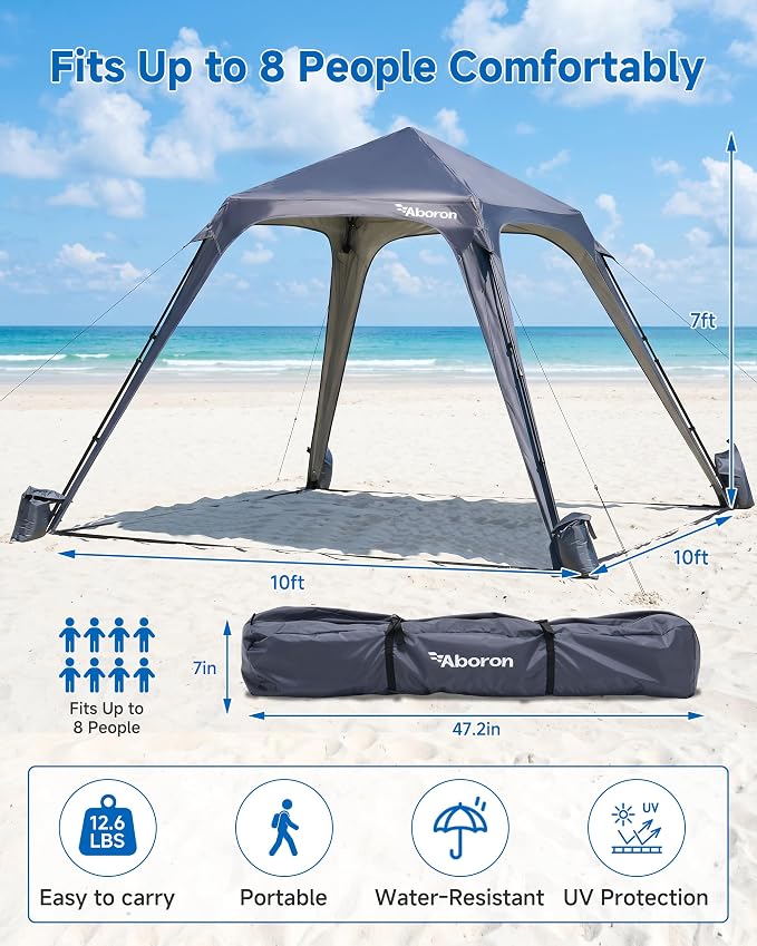 Slsy Beach Tent 10 x 10 FT, Beach Shelter with Removable Side Wall, UPF 50+ Canopy Cabana for Sun Protection, Easy Setup Shade with Sandbags, Stakes & Guy Lines, Wind Resistant, Fits 6-8 People