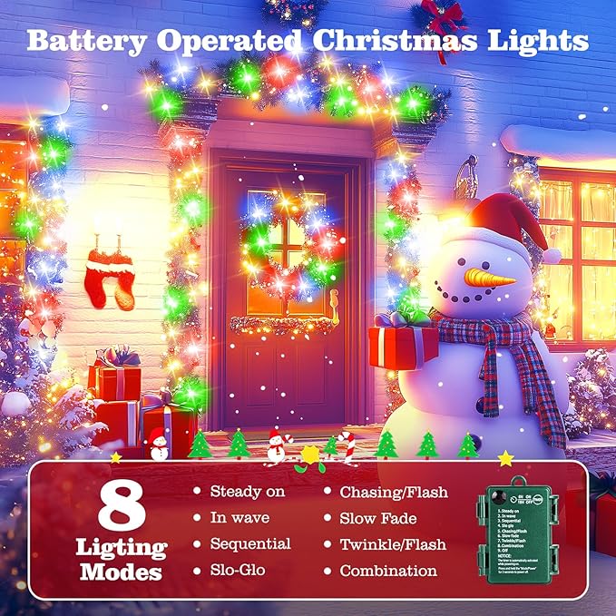 Brightown Christmas Lights Outdoor Battery Operated, 4 Pack Total 132FT 400 LED Battery Fairy Light with Timer,8 Mode,Waterproof Christmas String Light for Outside Indoor Bedroom, Multicolor