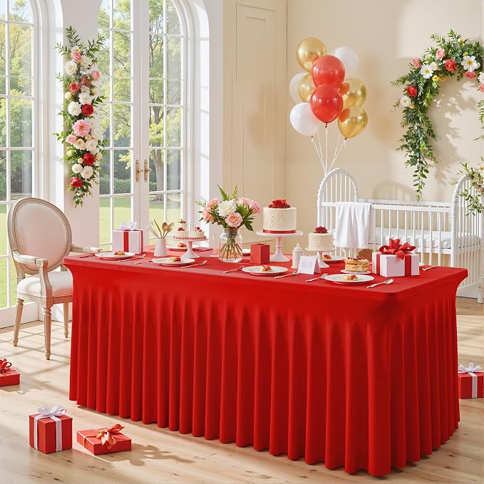 Red Spandex Tablecloths for Rectangle Tables 8 Foot Red Stretch Table Cloth Rectangle 8ft Elastic Fitted Table Cover Fabric with Skirt for Wedding Baby Shower Graduation Birthday Party Banquet Buffet
