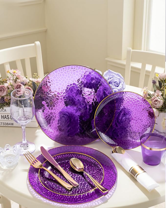 Hioasis 60pcs Purple Plastic Plates - Gold Rimmed Disposable, Hammered, Heavy-duty Dinnerware Set Suitable for 30 Guests, 10.25" Dinner & 7.5" Dessert Plates for Party & Wedding