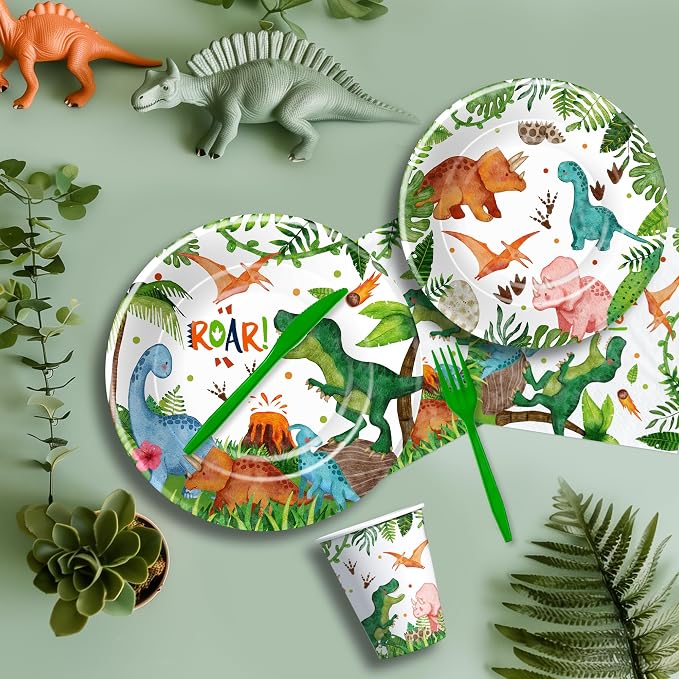Srua Don Dinosaur Birthday Party Supplies Boy - Dino Dinosaur Birthday Decorations Tableware, Paper Plate, Cup, Napkin, Tablecloth, Disposable Cutlery, Banner, Serves 24