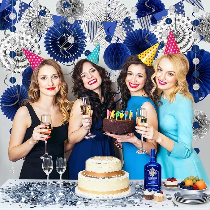 24 Pcs Blue and Silver Party Decorations, Paper Fans Honeycomb Pom Poms Pennant Garland, Reusable Hanging Supplies for 2026 Blue Graduation Decorations, Blue Birthday Decorations