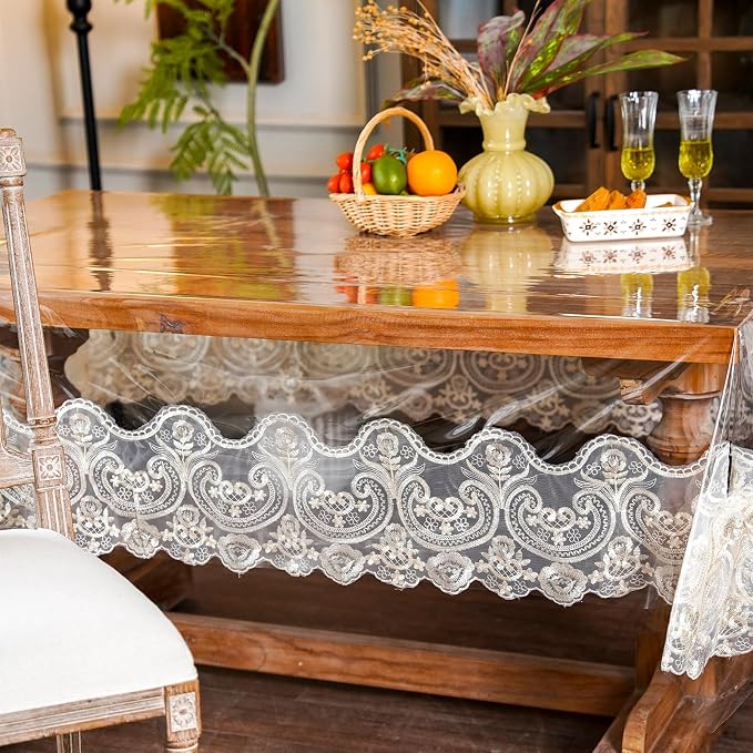 ARTABLE Vinyl PVC Rectangle Tablecloth Waterproof Clear Table Cover with Champagne Lace Macrame Border for Wedding Kitchen Home Outdoor Indoor Holidays Party Decor (Beige, 60 x 120 Inch)