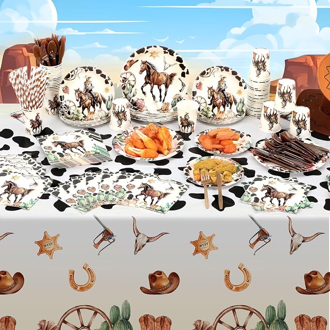 Potchen 452 Pcs Party Supplies Serve 50 Guests, Paper Plates Napkins Cups Cutlery Plastic Tablecloth Dinnerware for Birthday Wedding Party Decoration(Multicolor, Western Cowboy)