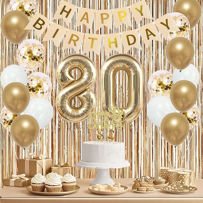 Trgowaul 80th Birthday Decorations for Women, Banner, Sash and Crown, Cake Topper, 80 Number Balloon, Fringe Curtains, Champagne Gold 80th Birthday Party Supplies