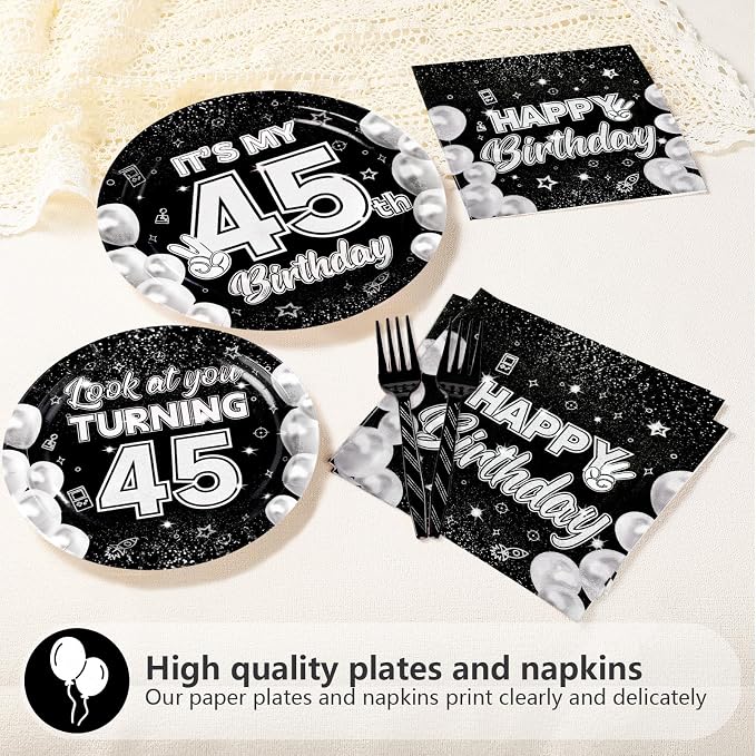 96Pcs 45th Birthday Decorations for Men 45th Paper Plates and Napkins Set It's My 45th Birthday Theme Decorations for Look at You Turning 45 Years Old Father Day Party Supplies Serves 24