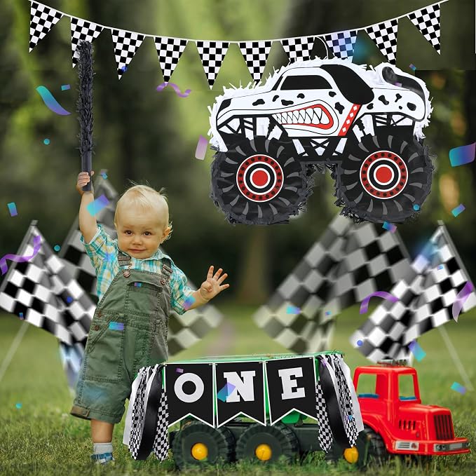 Monster Truck Dalmatian Pinatas Bundle with a Blindfold and a Bat (16 x 13 x 4 Inches), Perfect for Boys Birthday Parties, Dog Truck Decorations games