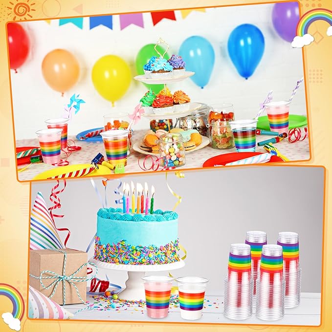 Jingmore 100 Pcs Rainbow Plastic Cups 12 oz Gay Pride Colorful Stripes Disposable Clear Plastic Drinking Cups for Rainbow Gay Pride LGBTQ Party Decorations Supplies