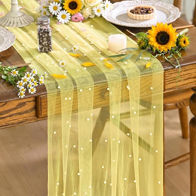 Artoid Mode Pearl Yellow Gauze Table Runner 120 Inch, Seasonal Sheer Dining Holiday Wedding Birthday Baby Shower Table Decor for Home Party