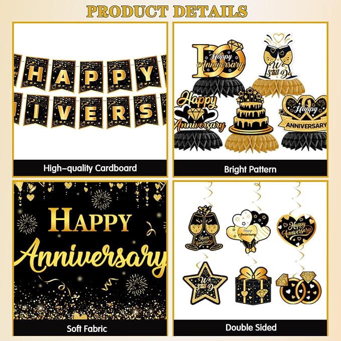 Happy Anniversary Decorations - Black Gold Wedding Party Decorations Kit, Happy Anniversary Banner, Backdrop, Hanging Swirls for Work Decorations (Black Gold)