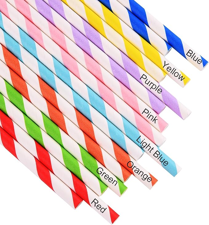 ALINK 200-Pack Biodegradable Paper Straws, Assorted Rainbow Striped Smoothie Straws for Birthday, Wedding, Bridal/Baby Shower, Christmas Decorations and Party Supplies