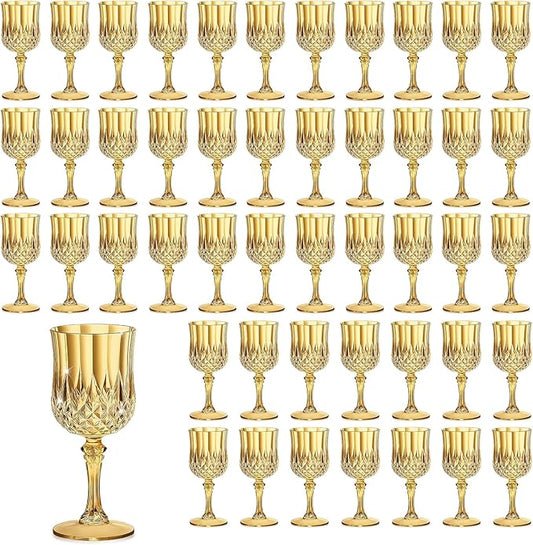 7OZ Plastic Wine Glasses, Reusable Vintage Goblets Unbreakable Drinking Glasses Crystal Water Cups Champagne for Wedding, Parties (48, Gold)