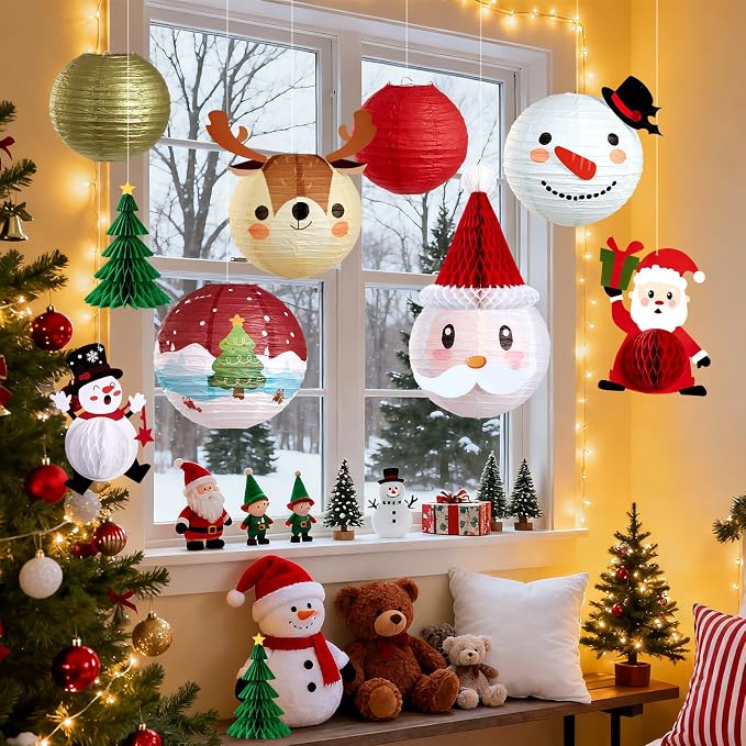 Christmas Paper Lanterns Hanging Classroom Christmas Decorations Ceiling Party Decorations Including 3D Xmas Hat, Santa Claus, Snowman Christmas Trees Honeycomb, for Xmas Holiday Home Indoor 11 PCS