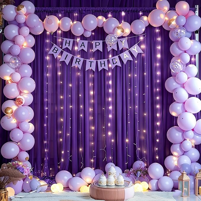20 x 10ft Purple Chiffon Backdrop Curtain with Lights String for Parties,4 Panels Sheer Tulle Curtain Wedding Backdrop for Baby Shower Birthday Party Ceremony Reception Home Decorations