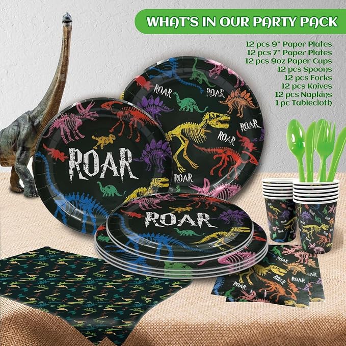 Party Spot!149 pcs Dinosaur Birthday Decorations, 12 Tableware Sets, Balloon Garland, Backdrop, Hanging Swirls, Dinosaur Birthday Party Decorations for kids