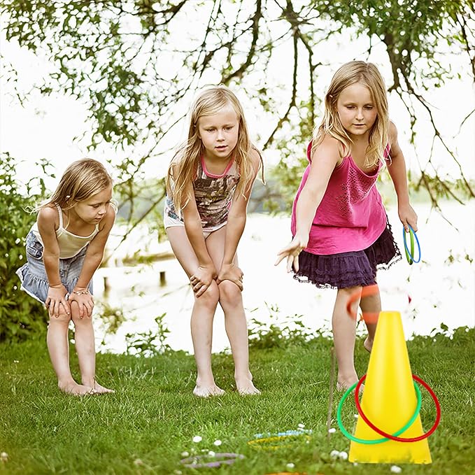 51 Pcs Carnival Outdoor Games Set Potato Sack Race Bags 3 Legged Race Bands Egg and Spoon Game Colorful Rings Cone Throwing Game with Prizes and Whistles for Family Yard Lawn Birthday Party Games