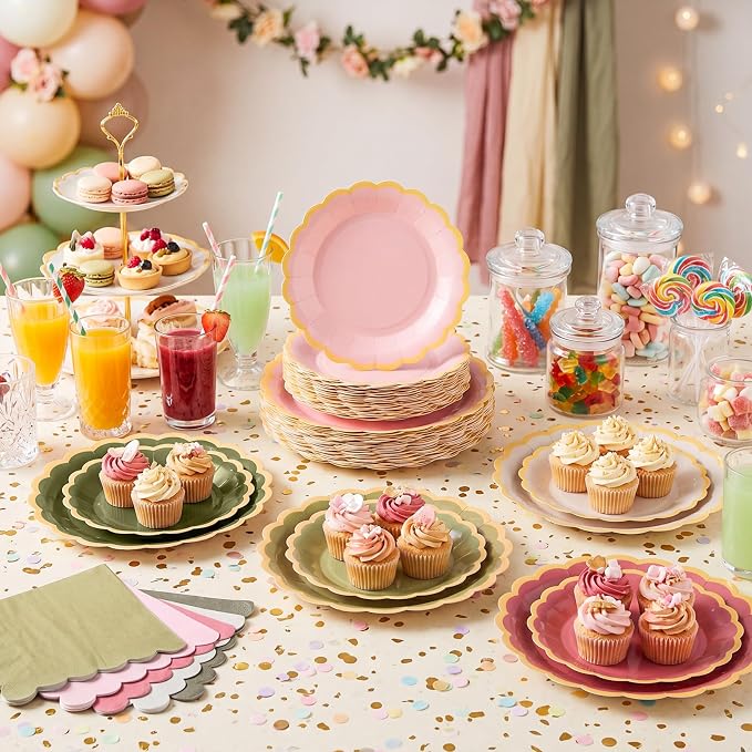 Zhehao 150 Pcs Matcha Plates and Napkins Tableware Serves 50 Includes 9 Inch 7 Inch Dusty Pink and Green Scalloped Wave Edges Paper Plate and Napkins for Wedding Birthday Baby Shower Party
