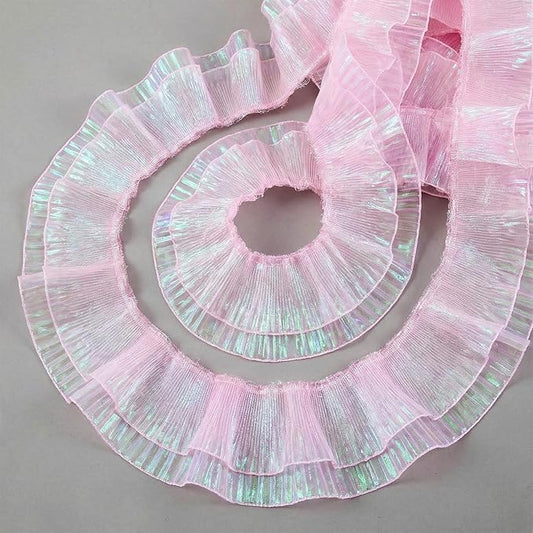 Ganeen 16 Yard Ruffle Pleated Iridescent Ribbon, Iridescent Pink Double Layer Jellyfish Organza Ruffle Trim, Retro Tulle Lace Fabric for Jellyfish Costume Sewing Craft Dress Hat Lantern Cake Decor