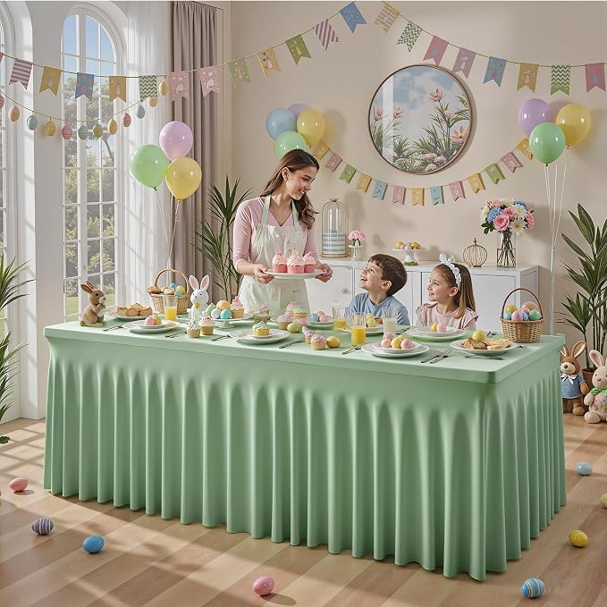 2 Packs Sage Green Spandex Table Cloths 6 Foot, Fitted Stretch Table Cover with Skirts 30x72 Inch, Wrinkle-Free Floor Length Tablecloths Rectangular for Weddings Parties Banquets Events Decorations