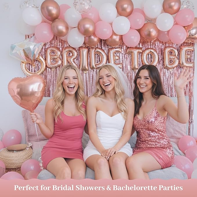 VIDAL CRAFTS Rose Gold Bridal Shower Decorations, 62-Piece Pink Bachelorette Party Decorations with Bride to Be Banner, Confetti Balloons, Bride Sash, Veil, Fringe Curtain & Photo Props