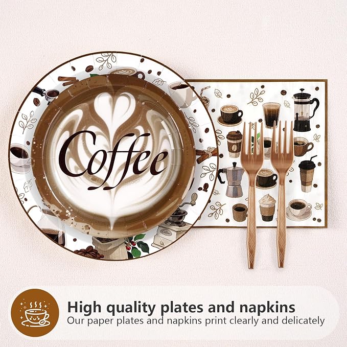 Grencian 96Pcs Brown Coffee Happy Birthday Party Decorations Supplies Coffee Theme Plates and Napkins Latte Art Disposable Tableware Set for Cappuccino Lover Adult Birthday Party Decorations Serve 24