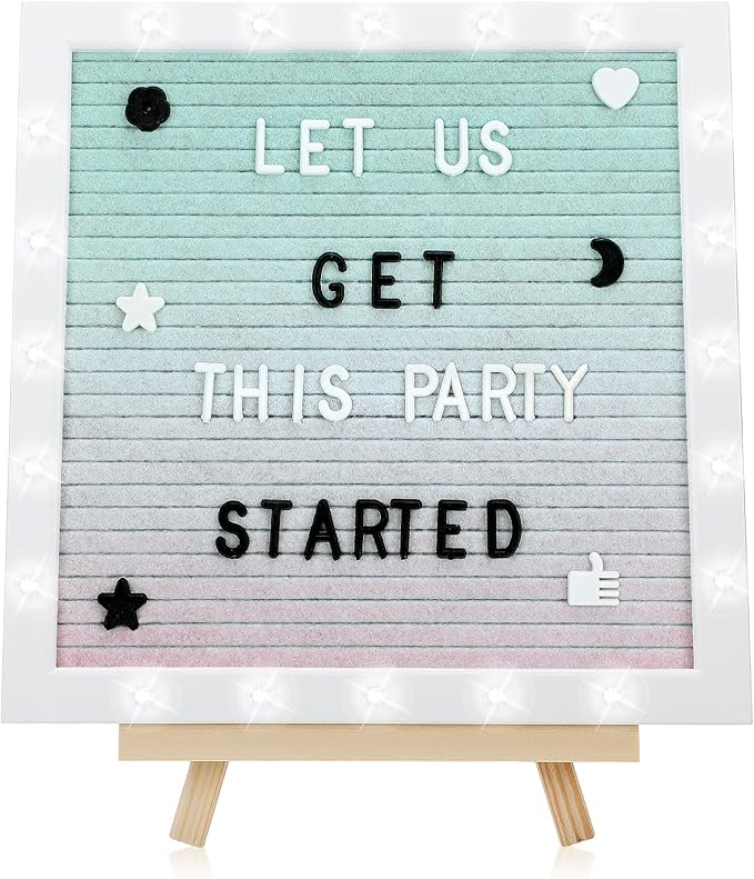 Changeable Felt Letter Board with LED Lights - 10×10" Message Custom Signs & Wood Stand & 450 Letters, Poster Board for Baby/Pregnancy Announcement/Classroom Decor Gifts First Day of School, Gradient