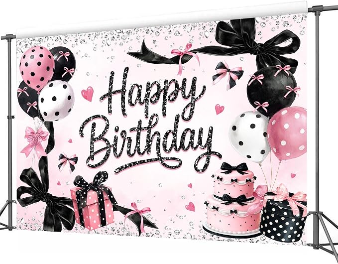 Black Pink Happy Birthday Backdrop 7Wx5H Feet Polyester Fabric Girly Bow Balloons Diamond Cake Elegant Decoration Sparkle Dot Pattern Luxury Photography Background Photo Shoot Props