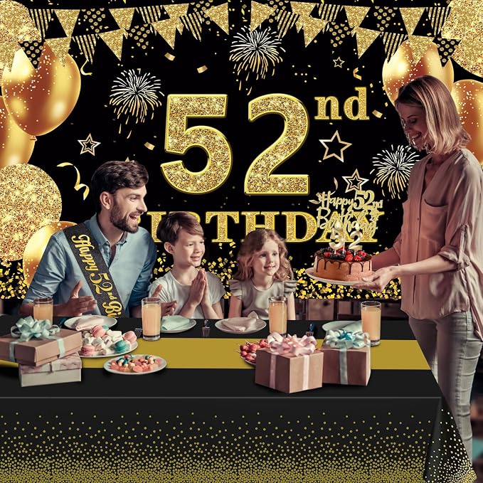 52nd Birthday Decorations Men Women with 52nd Birthday Banner, Black and Gold Table Cloth, Number Balloons, Large Sash, Cake Topper and Candles