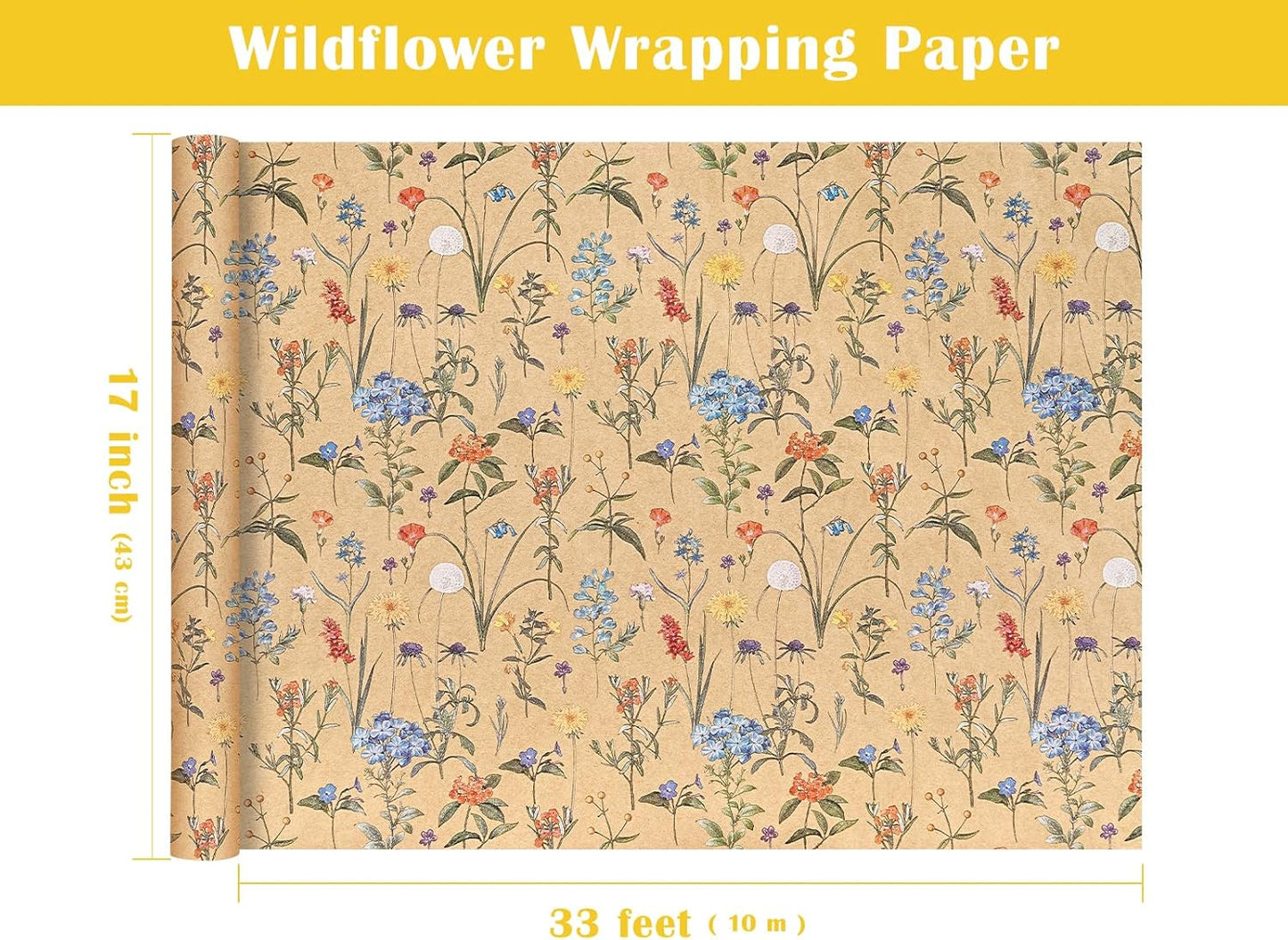 WRAPAHOLIC Kraft Floral Wrapping Paper Roll - Mini Roll - 17 Inch x 33 Feet - Wildflower Wrapping Paper Perfect for Girls Women Birthday, Wedding, Bridal Shower