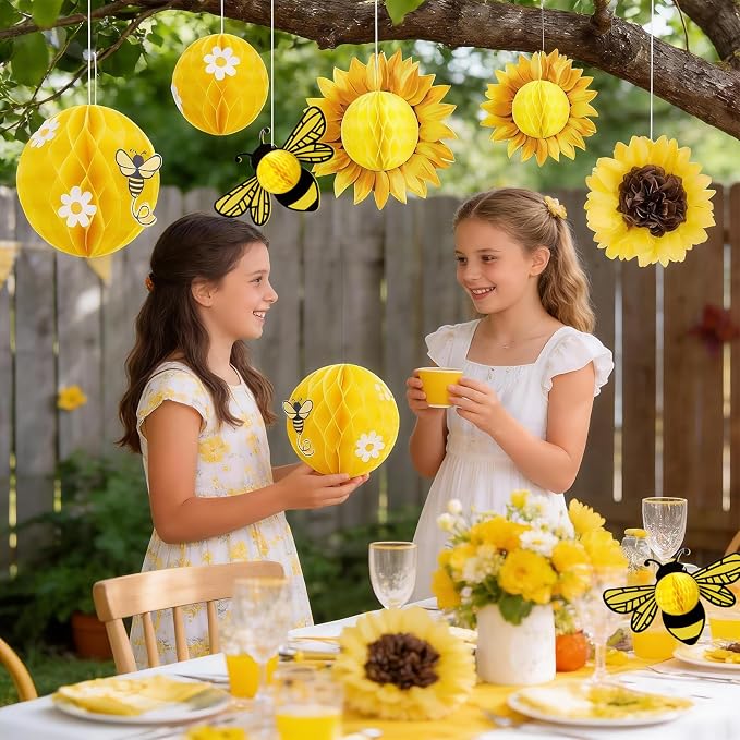 SUNBEAUTY Sunflower Party Decorations 3D Bee Honeycomb Hanging Decor Yellow Tissue Paper Flowers Birthday Yellow Sunflower Ceiling for Classroom Bulletin Board Wall Baby Shower Summer Garden Party