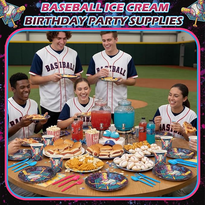 FoldTier 350 Pcs Black Ice Cream Drip Baseball Birthday Party Decorations Set Ice Cream Paper Plates Napkins Fork Set Disposable Fairy Tableware Decorations Supplies for Baby Shower Dinner Serves 50