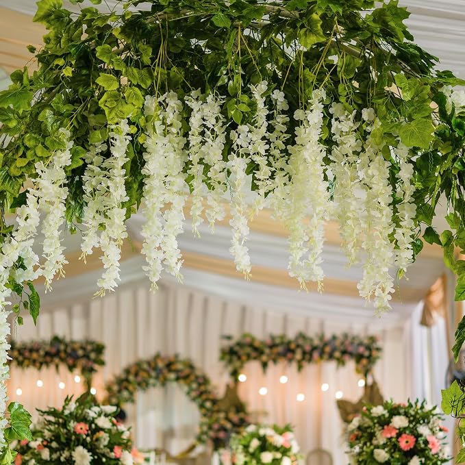 200 Pack White Wisteria Hanging Flowers,Fake Hanging Wisteria Flowers Garland for Decoration (3.6 Ft/Pcs)