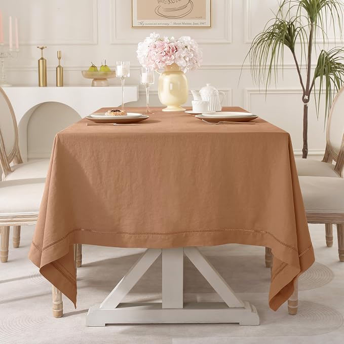 Linen World Fall Linen Tablecloth 90" x 60" Inch,French Linen Washable Rectangular Table Cloth for Dining,Outdoor, Weddings and Restaurants,Decorative Thanksgiving Christmas,Beige Hemstitch