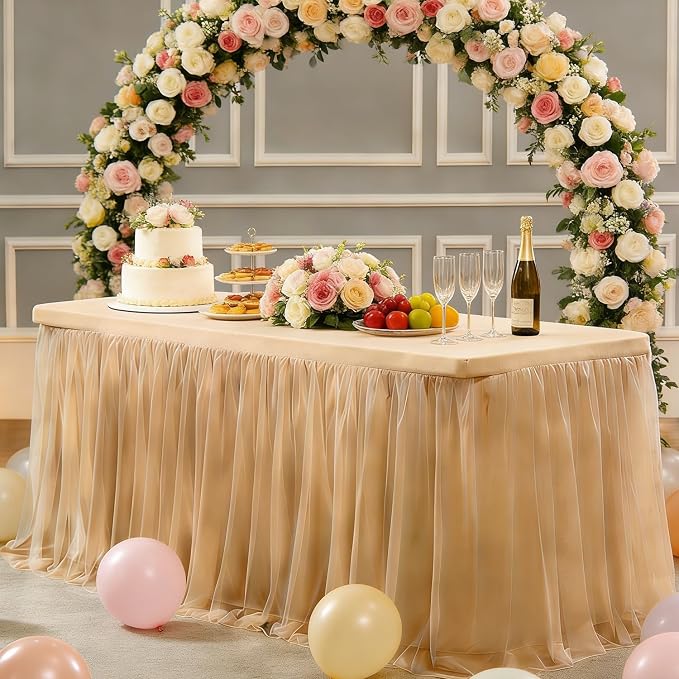 Champagne 2-in-1 Stretch Tulle Table Cover & Skirt – Fits 8ft Rectangular Tables, Perfect for Baby Shower, Bridal, Birthday & Princess Parties (1 Pack)