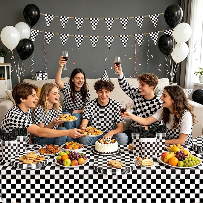 170 Pcs Race Car Party Plates and Napkins Sets, Black and White Checkered Birthday Decorations Tableware, Racing Sports Themed Dinnerware for Kids Boys Birthday Baby Shower Home Decor, Serves 24