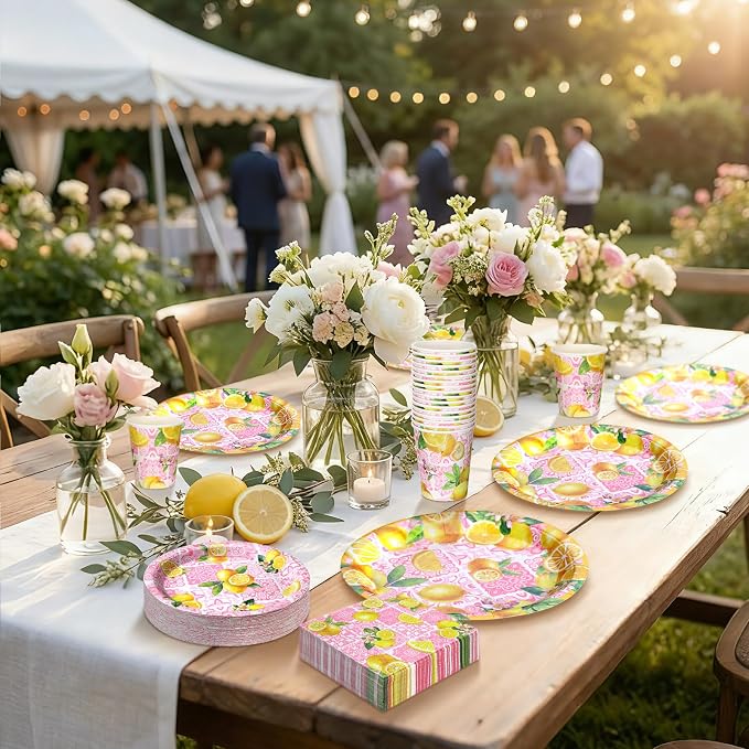 Hsei 250 Pcs Pink Lemon Birthday Party Decorations Lemon Plates and Napkins Pink Baby Shower Birthday Supplies Set Disposable Plates Napkins Cups for Bridal Baby Shower Party Supplies