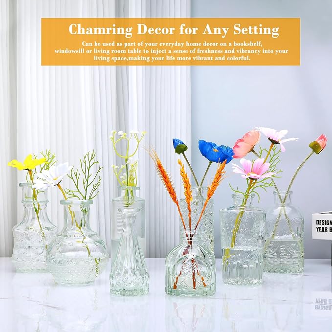 Clear Flower Vase Set, Glass Bud Vase in Bulk Set of 8,Artistic and Cultural Flavor Mini Vases for Home Office Decor, Bedroom, Office, Living Room Decorations,Wedding