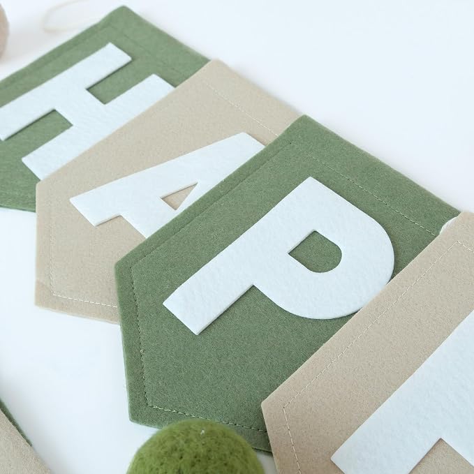 Felt Green Khaki Happy Birthday Banner Birthday Decorations for Women Girls Boys Men Pets Handmade Party Backdrop