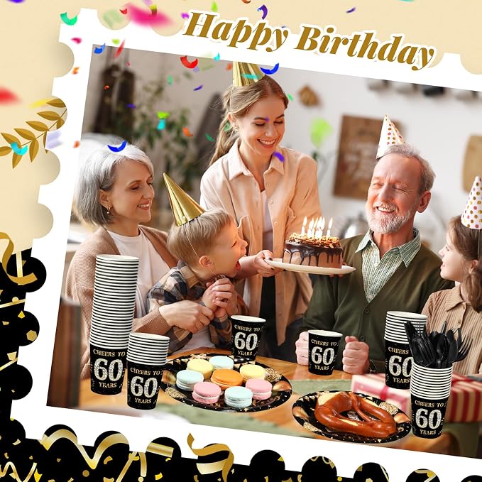 240 Pcs 60th Birthday Decorations 1966 Birthday Party Tableware Include Plates Napkins 9oz Cups Cutlery 60th Anniversary Party Supplies for Men Women Him Her, Serve 30 Guests (Black Gold)
