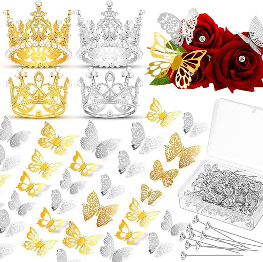 200 Pcs Flower Bouquet Accessories 100 Corsage Bouquet Pins 96 3D Butterfly Wall Decor Bulk and 4 Crown Cake Topper Pearl Pins Floral Arrangement for Festival Wedding Birthday Party (Gold, Silver)