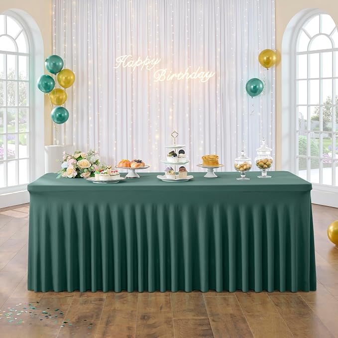 4 Pack Hunter Green Spandex Tablecloths for 8 Foot Rectangle Tables, Wrinkle Free Fitted Tablecover 8ft Stretchy Table Clothes with Skirt for Weddings Birthday Party Banquet Baby Shower