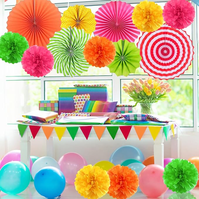 Hawaiian Luau Party Decorations Set Neon Colored Party Hanging Paper Fan Birthday Tissue Pom Poms Streamers Summer Party Supplies Tassel Garland Banner