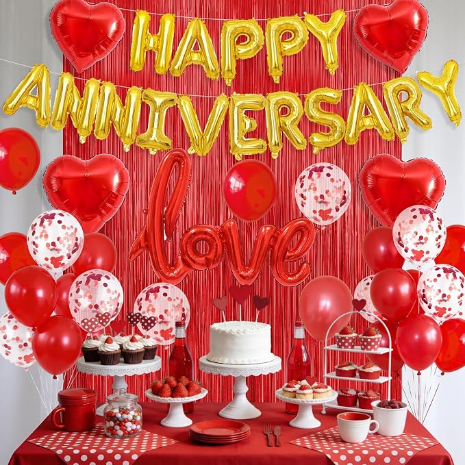 Anniversary Decorations Red,Happy Anniversary Balloon Banner with love and Heart Foil Balloons Fringe Curtain for Wedding Party Valentine's Day Romantic Night Surprise