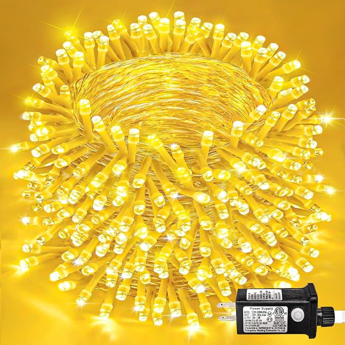 197FT 600 LED Christmas Lights Outdoor, Warm White Christmas Lights Indoor 8 Modes Clear Wire, Plug in Twinkle Fairy String Lights for Outside Bedroom Wedding Xmas Tree Party Decorations