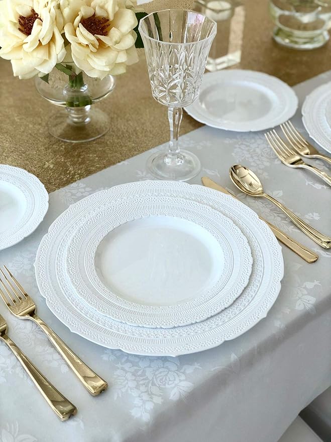 OCCASIONS 120 Guests Heavy Duty Disposable Plastic Plates Set – 240 Piece Premium Reusable Dinner & Salad Plates, Elegant Fancy Party Plates for Weddings, Events, Parties – Chateau White Collection